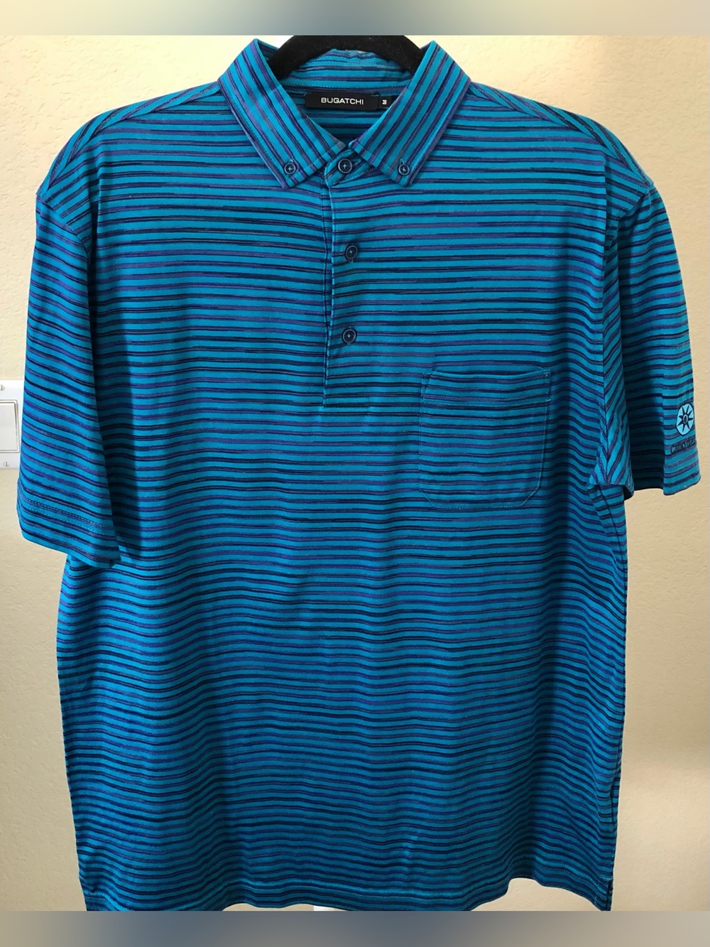 Bugatchi Teal and Black Striped Golf Polo w/ Cabo Del Sol Insignia
